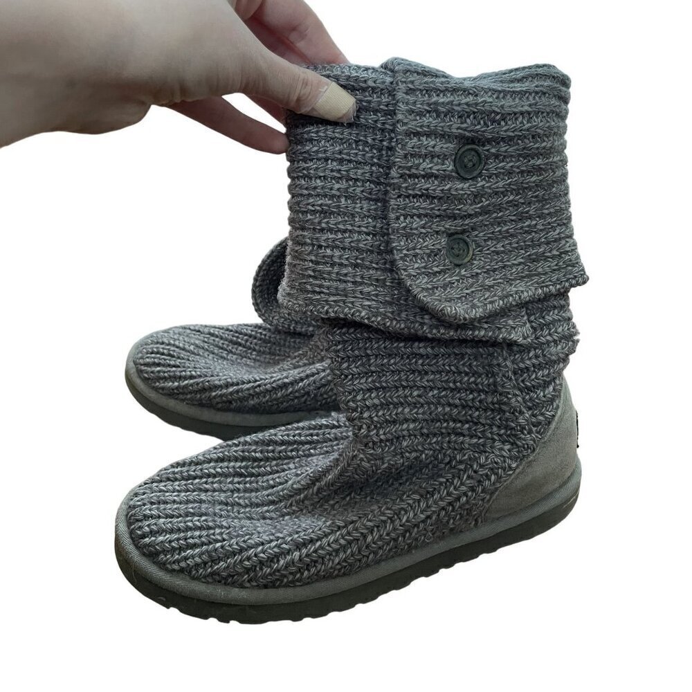 Ugg women's size 7 knit tall‎ boots comfortable gray color tan leather